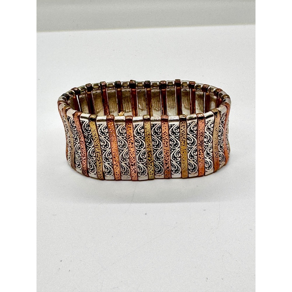 Boho Mixed Metal Tri-Tone Scroll Engraved Hammered Statement Stretch Bracelet